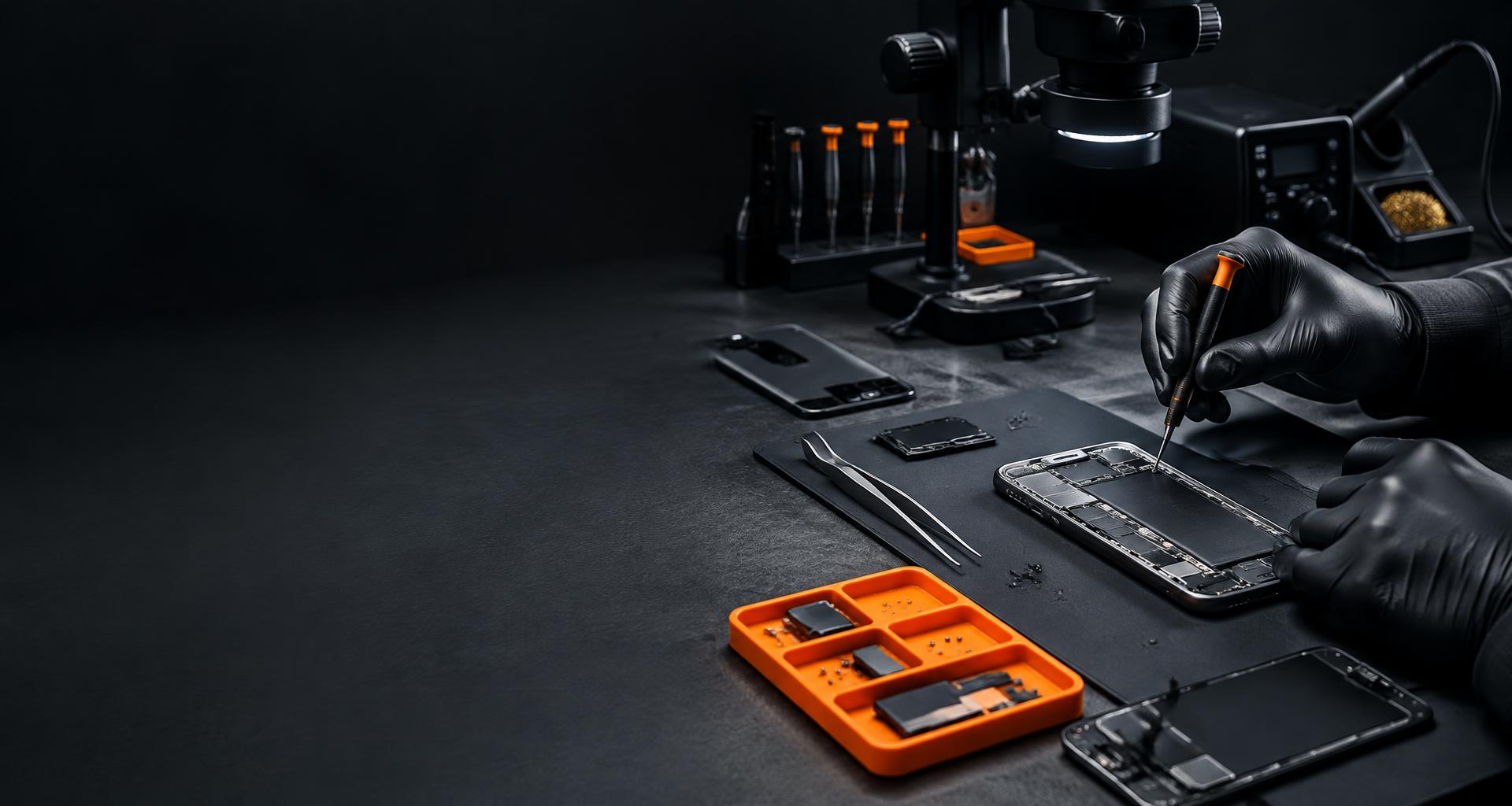 Illustrative mobile repair workbench with precision tools; not a FLYEAH product photograph